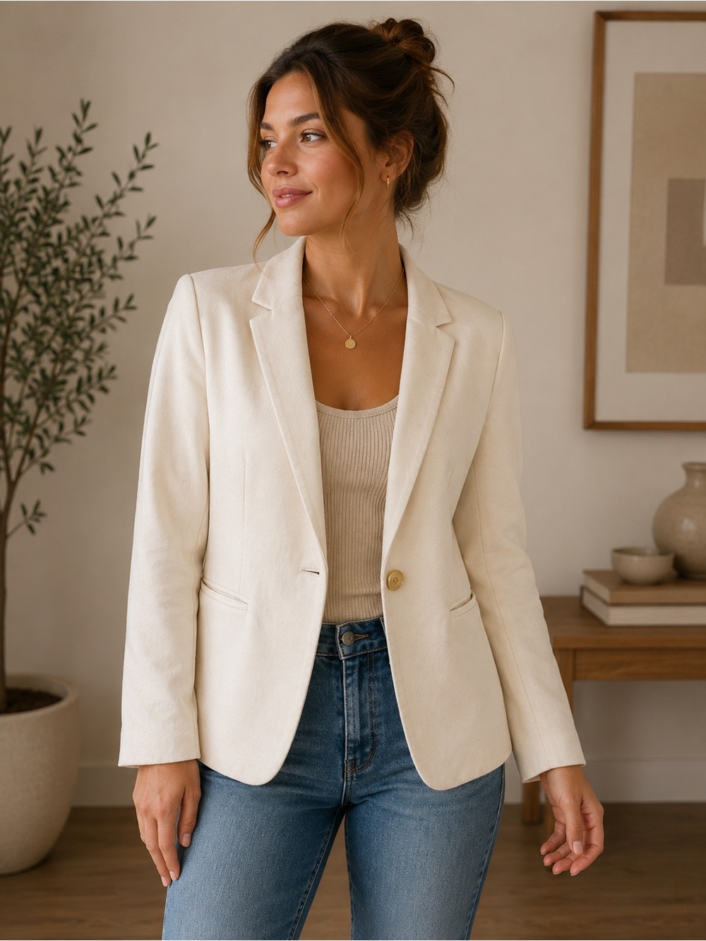 White Knit One Button Blazer Career Chic Medium - Picture 1 of 5
